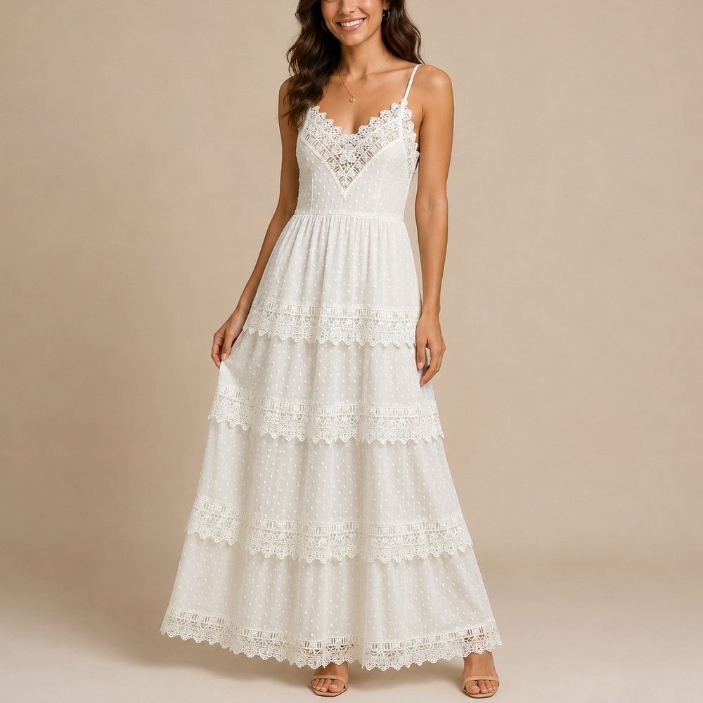 Vero Moda Maxi Dress XS‎ Snow White Lace Swiss Dot Tiered Boho Cottagecore